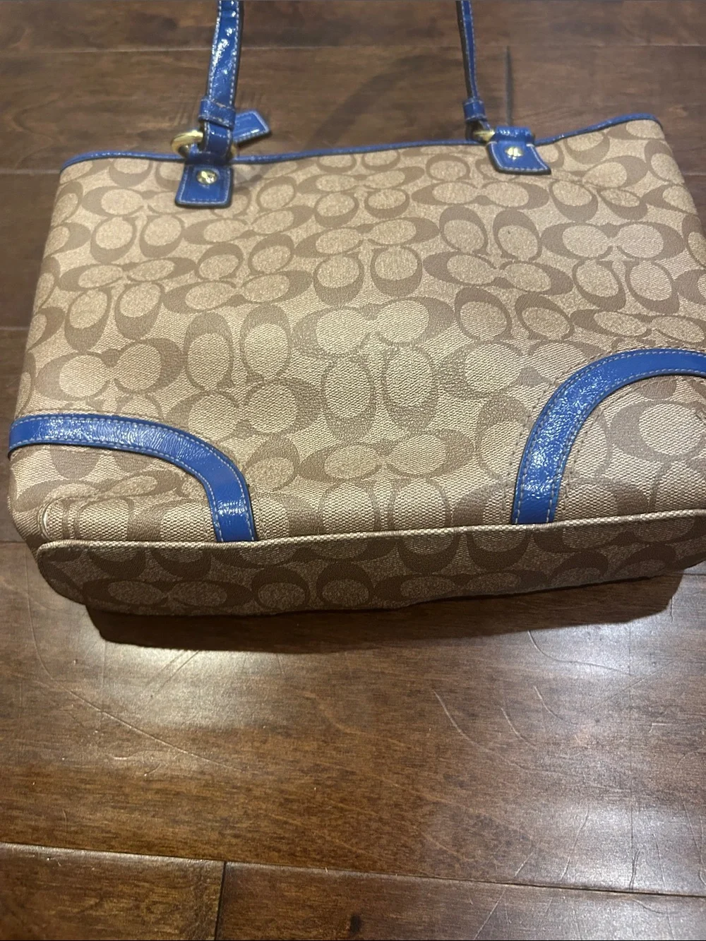 Coach Tan Signature Canvas Tote with Blue Leather Trim - Picture 4 of 4